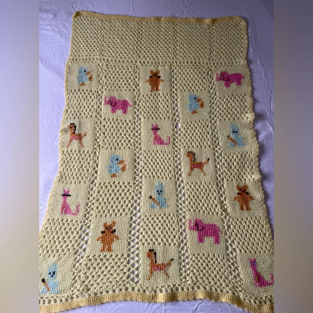 Vintage Handmade Yellow Crochet Baby Blanket Animal Cat Rabbit Elephant